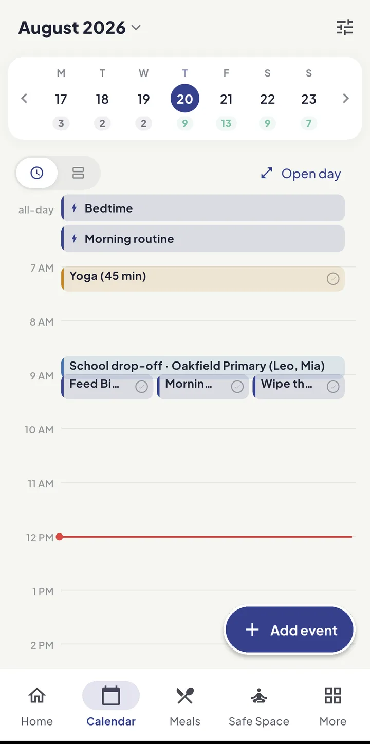 The Equal House calendar showing a week strip across the top and the chosen day drawn as a clock, with the school run and three chores on it