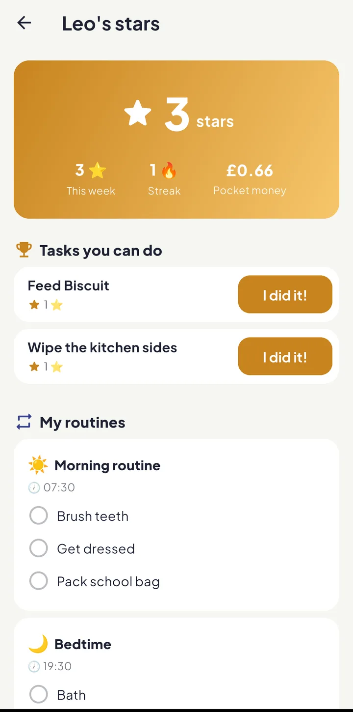 Kid Mode in Equal House showing a child’s stars, streak and pocket money, the chores they can do, and their morning routine