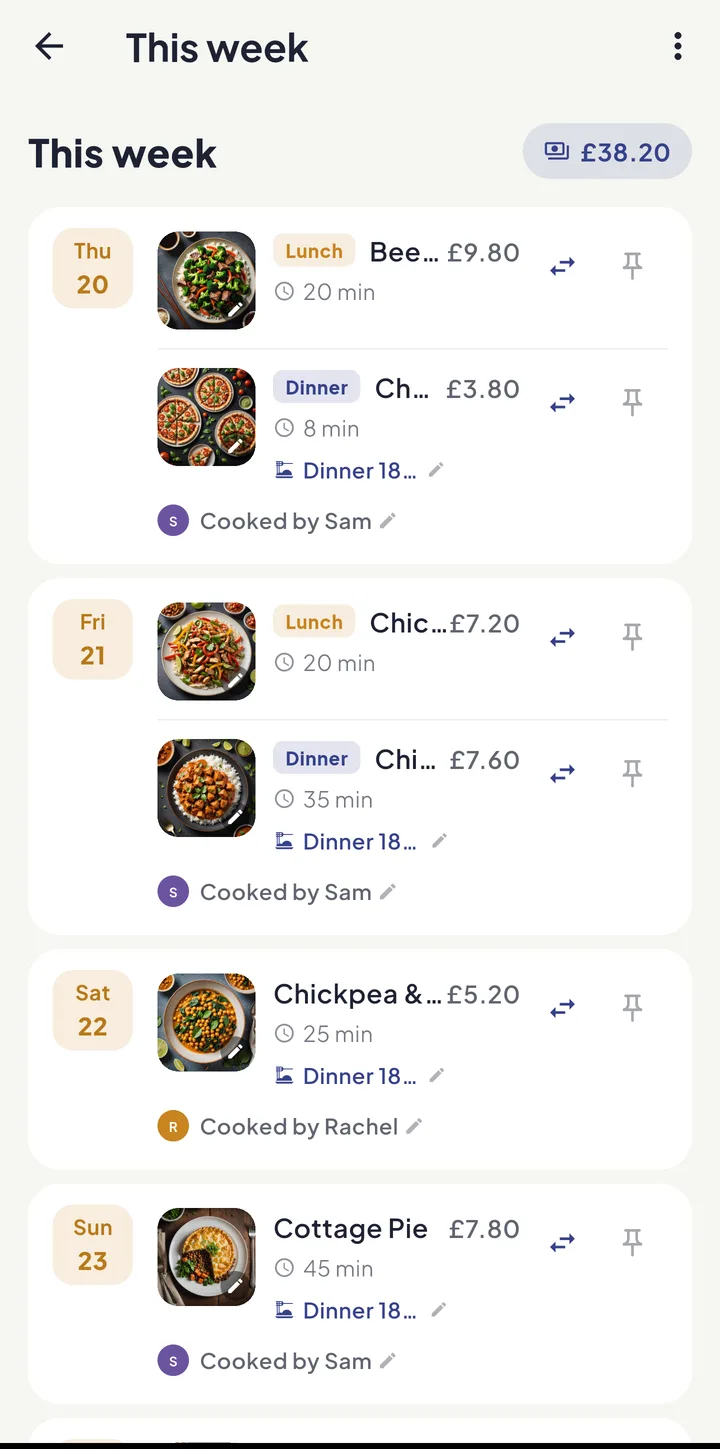 A week of Equal House meal plans, each dinner showing its cost, prep time and who is cooking