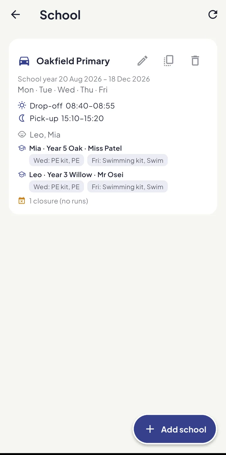 The school run in Equal House showing the week’s drop-offs and pick-ups and who has each one